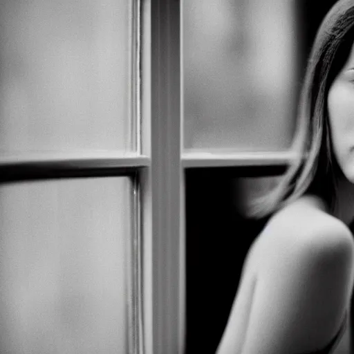 Image similar to black and white fashion photography portrait of a beautiful depressed Woman with detailed face standing by the window, natural light, film grain, soft vignette, sigma 85mm f/1.4 1/10 sec shutter