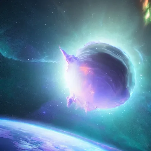 Image similar to dramatic render of a floating island flying through a space nebula, cgsociety, artstation, 4k