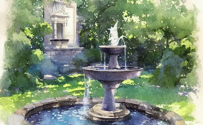 Image similar to concept art of a magical fountain in a garden, pinterest, artstation trending, behance, watercolor, by coby whitmore, silver, laser light,