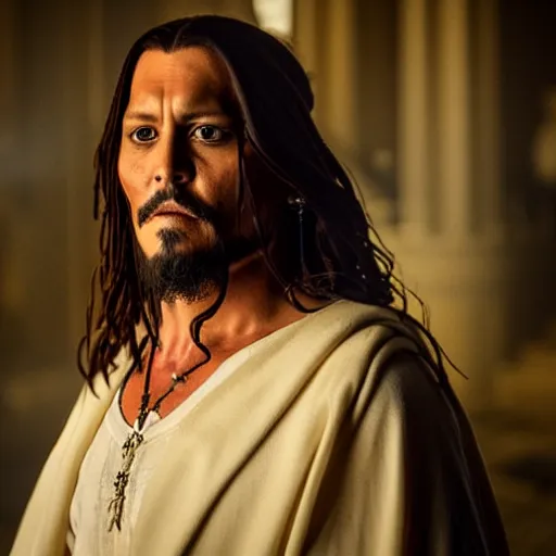 Image similar to stunning awe inspiring johnny depp as jesus christ, movie still 8 k hdr atmospheric lighting