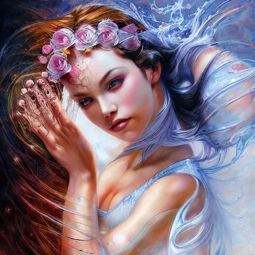 Image similar to a beautiful ballerina manipulating water by karol bak, ayami kojima, artgerm, river, water, blue eyes, smile, concept art, fantasy