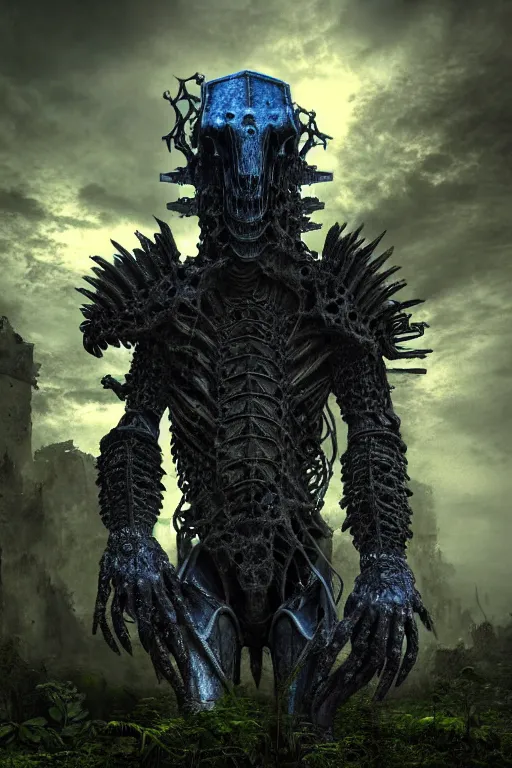 Image similar to post - gothic giant creepy chimera, exoskeleton armor, holding katana, dystopian ruins covered in vegetation, highly detailed smooth digital art masterpiece, vitaly bulgarov giger dramatic dark blue light, ground angle hd 8 k, sharp focus