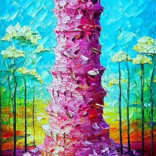 Image similar to The flower tower, oil painting, award-winning, highly detailed palette knife oil painting, thick impasto, painterly