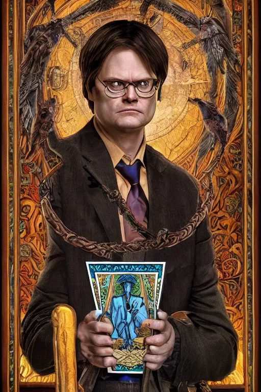 Prompt: beautiful tarot card of Dwight Schrute, oil on canvas, intricate, symmetrical, portrait, 8k highly professionally detailed, HDR, CGsociety