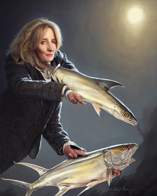 Image similar to j k rowling & michael mcintyre with a sardine can, elegant, real life skin, intricate, high detailed, artstation, concept art, smooth, sharp focus, art by artgerm and greg rutkowski