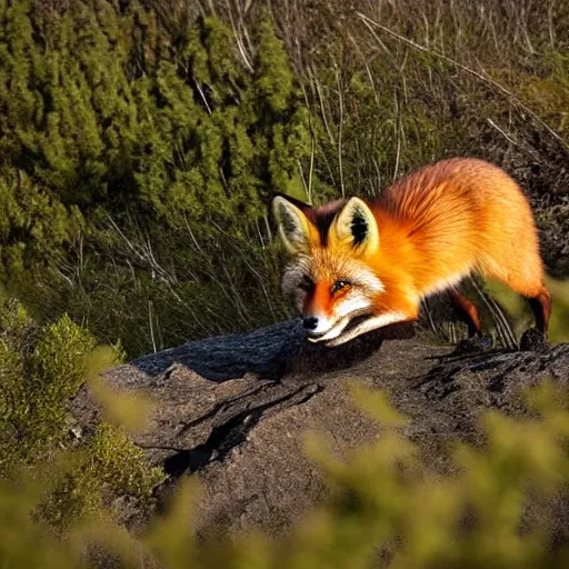 Prompt: fox climbing a mountain, award winning photograph