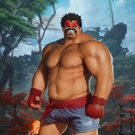 Image similar to danny mcbride as e. honda street fighter, japanese bathhouse background, ultra realistic, concept art, intricate details, highly detailed, photorealistic, octane render, 8 k, unreal engine, art by frank frazetta, simon bisley, brom