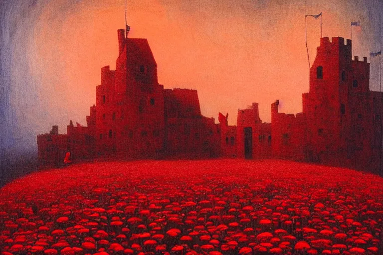 Image similar to only with red, red flowers of different types, a red tiger, a castle in the background, medieval demons dance over the flowers, an ancient path, in the style of beksinski, part by hopper, part by rodcenko, part by hofbauer, intricate composition, red by caravaggio, insanely quality, highly detailed, masterpiece, red light, artstation