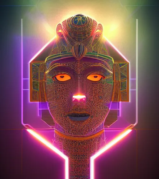 Image similar to symmetry!! egyptian god of technology, solid cube of light, hard edges, product render retro - futuristic poster scifi, lasers and neon circuits, brown skin egyptian god, intricate, elegant, highly detailed, digital painting, artstation, concept art, smooth, sharp focus, illustration, dreamlike, art by artgerm