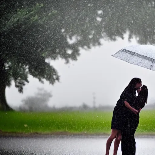 Image similar to an 8 k photo of a couple holding hands while kissing in the rain