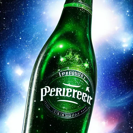 Prompt: a photo of a bottle of Perrier in space with nebula, photorealistic, transparence, reflections, refraction, caustics, raytracing, 8K, trending on artstationHQ