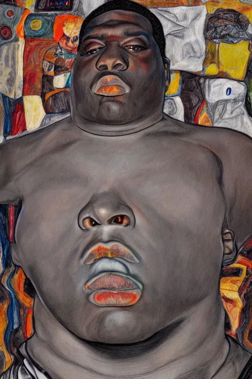 Prompt: a portrait of biggie small in style of egon schiele, masterpiece, hyperdetailed, complex, intricate, photorealistic!!, 4 k, trending on artstation