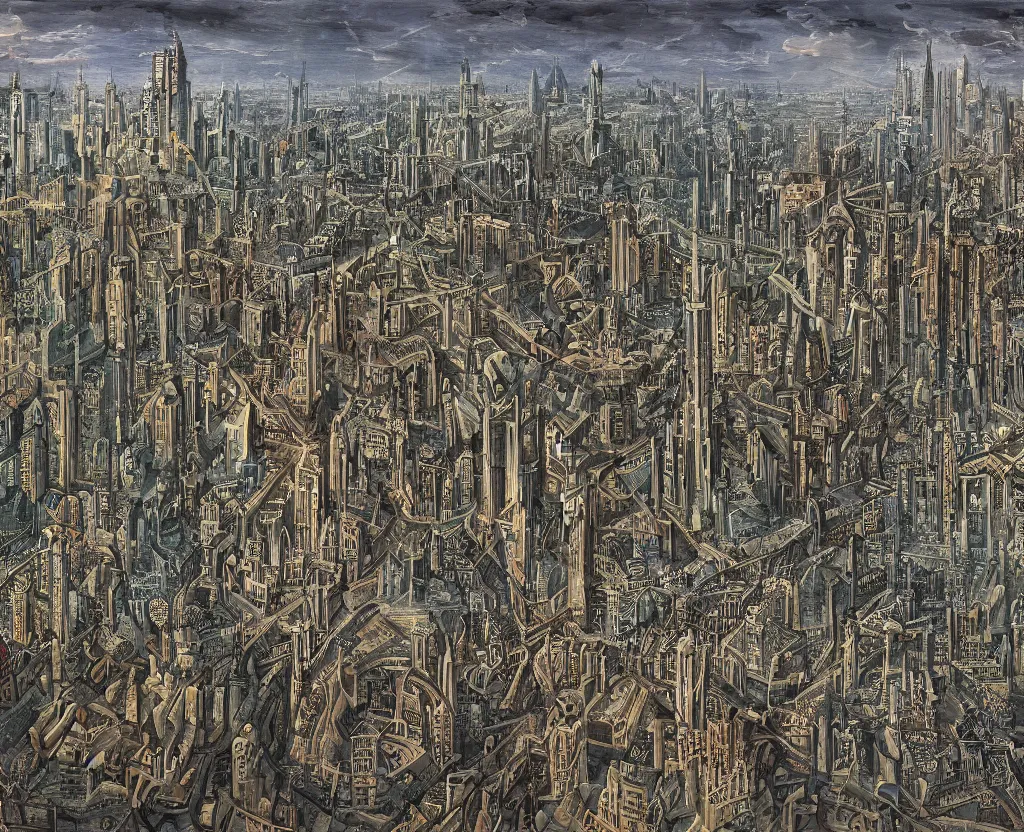 Image similar to a megalopolis in the style of Dystopian gothic surrealism painting