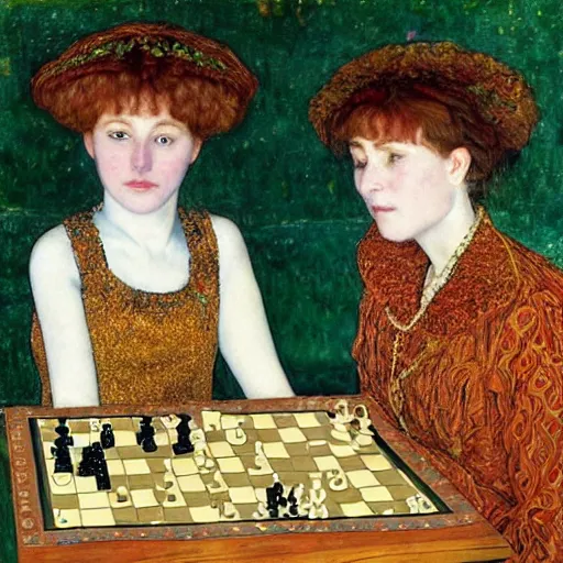 Image similar to two young edwardian women playing chess, in the style of Gustav Klimt