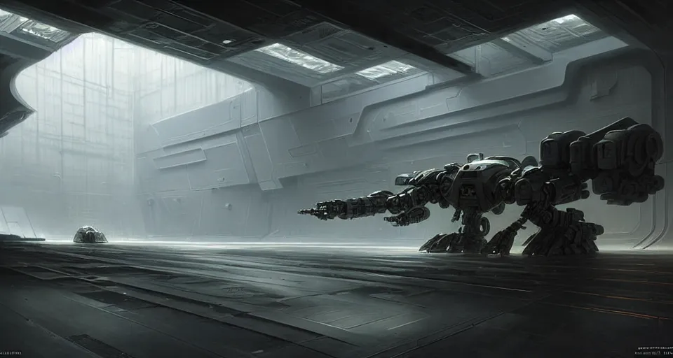 Image similar to hyper realistic sci - fi matte concept art painting of a mecha in a starship hanger, beautiful details, strong composition painted by kim jung guweta studio rutkowski, james gurney and greg rutkowski, and lucasfilm, smooth, intricate, detailed, sharp focus, cinematic