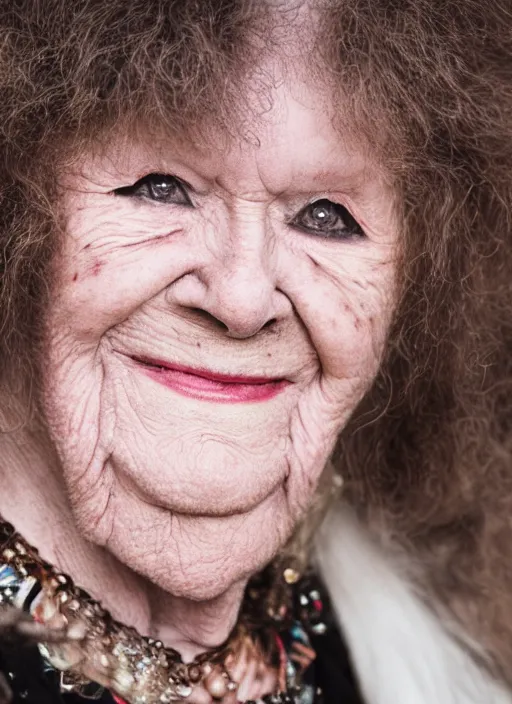 Image similar to DSLR photo portrait still of 77 year old age 77 Janis Joplin at age 77!!!, 85mm f1.8