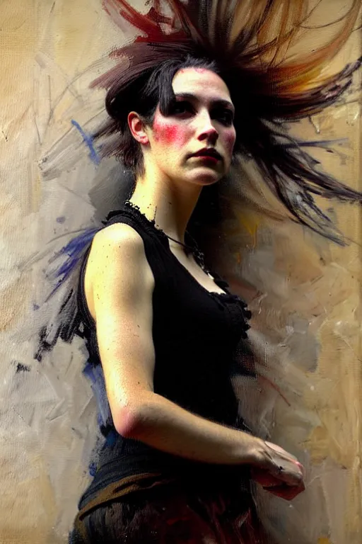 Image similar to impressionist brushstrokes!!!!!!!!! solomon joseph solomon and richard schmid and jeremy lipking victorian loose genre loose painting full length portrait painting of a young beautiful woman punk rocker