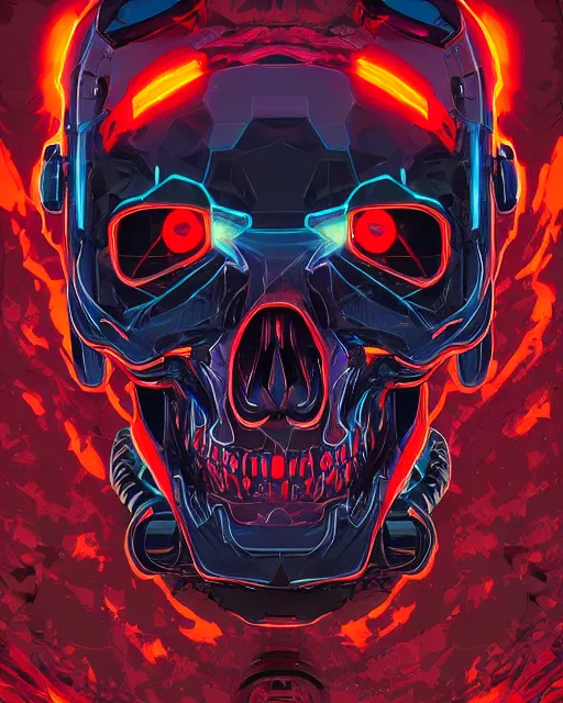 Prompt: a portrat of an immortal mecha cyber skull with glowing red eyes, digital art by dan mumford and Derek Riggs, trending on artstationhq