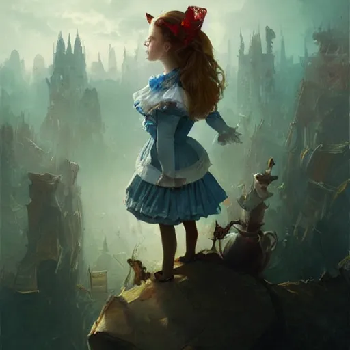 Image similar to portrait of alice in wonderland, dramatic lighting, city background, chiaroscuro, high detail, painted by greg rutkowski, painted by igor kieryluk, painted by bobby chiu, trending on artstation