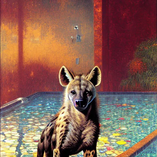 Prompt: portrait of a male hyena wolf wearing towel in front of a bath. shadowrun furaffiniy cyberpunk fantasy highly detailed painting by gaston bussiere craig mullins jc leyendecker gustav klimt artgerm greg rutkowski john berkey, bergey, craig mullins, ruan jia, raymond swanland, jeremy mann, tom lovell, alex malveda