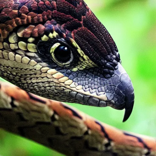 Prompt: snake and hawk morphed together, half snake half hawk, reptilian and avian features, real photo taken in zoo