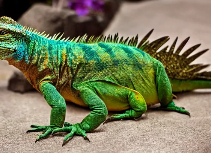 Prompt: photo of a hybrid between an iguana and a peacock