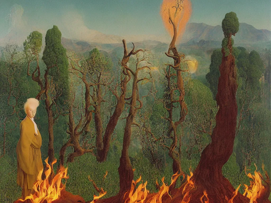 Image similar to albino mystic, with his back turned, with exotic beautiful chrysanthemum looking at a giant Sequoia forest burning with fire in the distance. Painting by Jan van Eyck, Audubon, Rene Magritte, Agnes Pelton, Max Ernst, Walton Ford