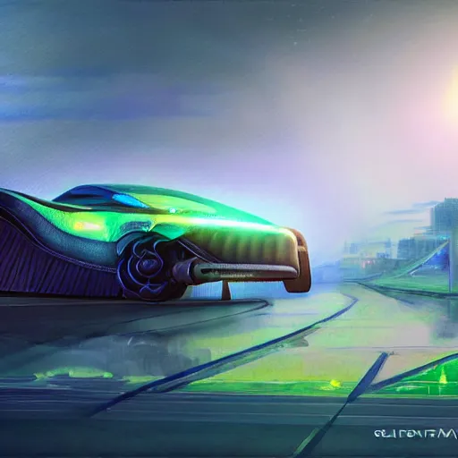 Image similar to solarpunk hovercar, clean energy, green technology, batoidea shape, airspace, sunny day, futurism, intricate, engines, glow, highly detailed, peaceful, utopia, bright, digital painting, artstation, concept art, smooth, sharp focus, epic landscape, art by akihiko yoshida and tim mcburnie and anato finnstark