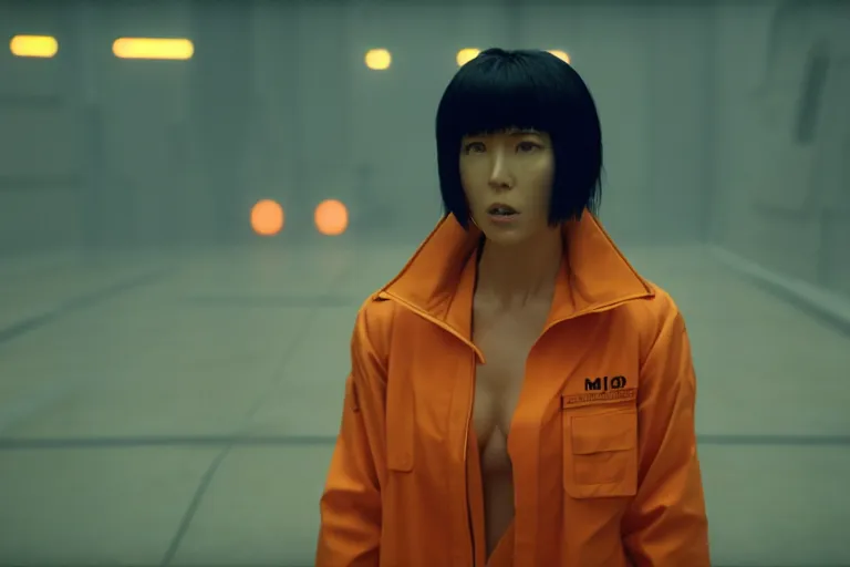 Image similar to major motoko wearing an orange prison jumpsuit, large hologram of a screaming face dominates the background, photography by fred palacio medium full shot still from bladerunner 2 0 4 9, sci fi, bladerunner, canon eos r 3, f / 3, iso 2 0 0, 1 / 1 6 0 s, 8 k, raw, unedited