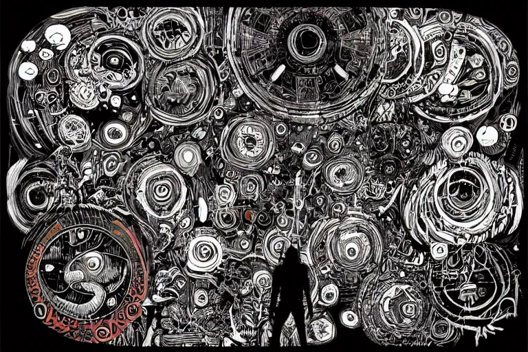 Image similar to psychedelic shaman surrounded by computers by mcbess inside a circular shape, black background, by Philippe Druillet, full colour