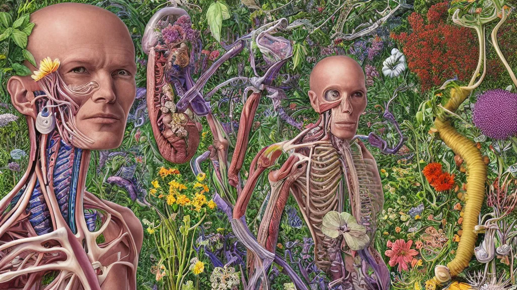 Prompt: highly detailed illustration of a human anatomy body with all the known species of plants and flowers by juan gatti, by moebius!, by oliver vernon, by joseph moncada, by damon soule, by manabu ikeda, by kyle hotz, by dan mumford, by kilian eng