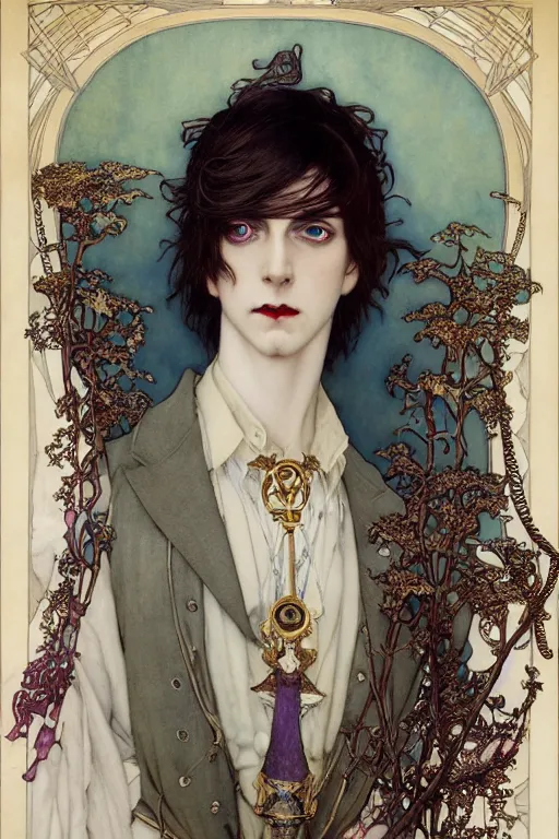 Image similar to edmund dulac, leyendecker, highly detailed portrait, a beautiful androgynous sebastian michaelis, long hair, tall and thin, wearing several pendants, art nouveau, stephen bliss, unreal engine, by greg rutkowski, loish, ferdinand knab, ilya kuvshinov, rossdraws, tom bagshaw, alphonse mucha, global illumination, radiant light