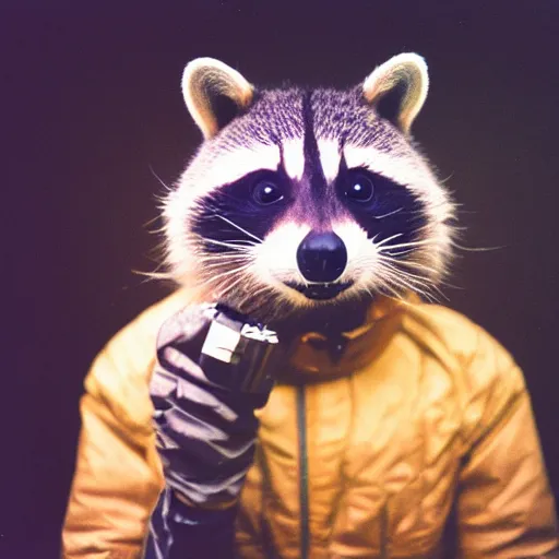 Image similar to photo of racoon wearing a space helmet, cinestill, 800t, 35mm, full-HD