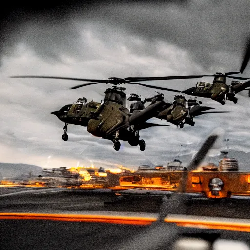 Image similar to Action Horror Cinematic Scene Military Helicopters shooting at Giant Monster in the city