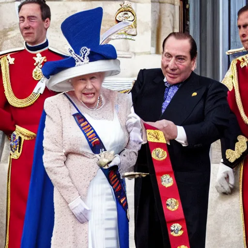 Image similar to Silvio Berlusconi Is crowned queen of England, photo-realistic, 8k, historical photo