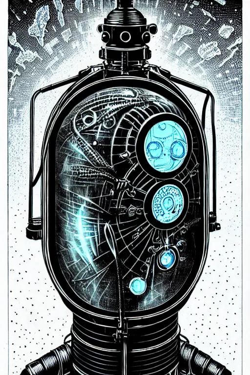 Image similar to steampunk cryo chamber containing an grey alien, high details, intricately detailed, by vincent di fate, inking, 3 color screen print, masterpiece, trending on artstation,, sharp, details, hyper - detailed, hd, 4 k, 8 k