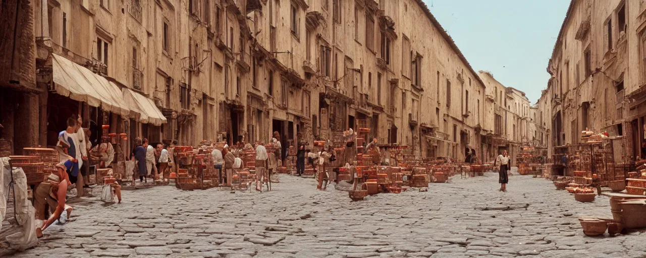 Image similar to wide shot of spaghetti in ancient roman streets and, sigma 8 0 mm, cinematic lighting, photography, wes anderson, kodachrome