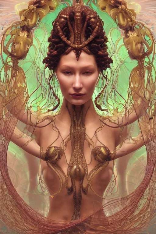 Image similar to a portrait of a beautiful ancient alien medusa gorgon woman goddess bella hadid standing in iris van herpen dress jewelery and fractals in style of alphonse mucha art nuvo dmt trending on artstation made in unreal engine 4