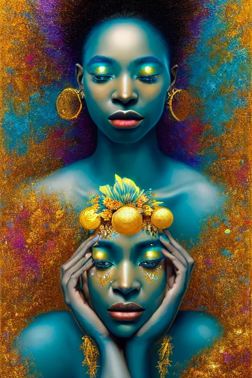 Image similar to hyperrealistic neo - symbolist cinematic very beautiful! oshun goddess with gold eyes, yoruba paint, droplet armor, water lips, gold flowers, highly detailed digital art masterpiece, smooth etienne sandorfi eric zener dramatic pearlescent soft teal light, ground angle uhd 8 k, sharp focus
