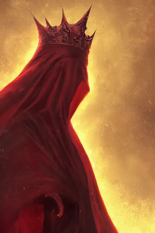 Prompt: A full body portrait of a mysterious character with no face with a very long hooded red cloak, a golden crown floating above his head tentacles coming out the ground art by James Paick, and Shaddy Safadi, ominous, cosmic horror, trending on artstation, Ultra detailed, hyper realistic 4k