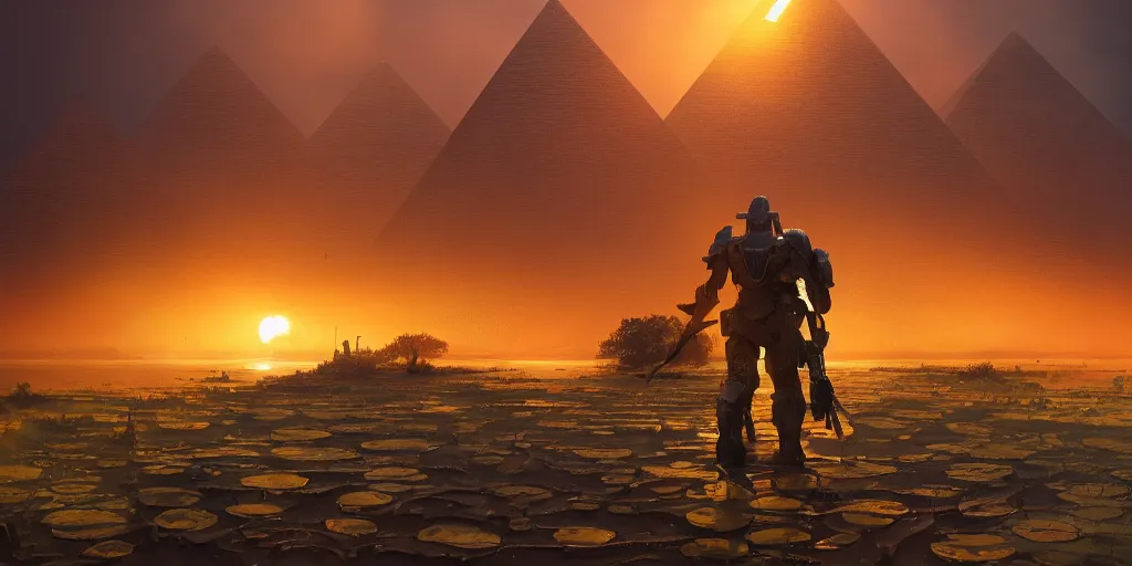 Image similar to concept art of heavy trooper with golden details, pyramids, puddles of water, bushes and leafs, by filip hoda, beeple, greg rutkowski, octane render, cryengine, details, hyper realistic, orange glow, sunrise