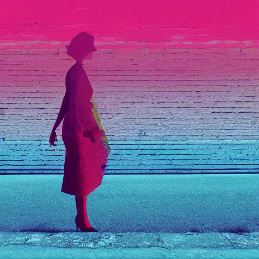 Prompt: Still shot of a woman walking, photography, glitch filter, 4k,