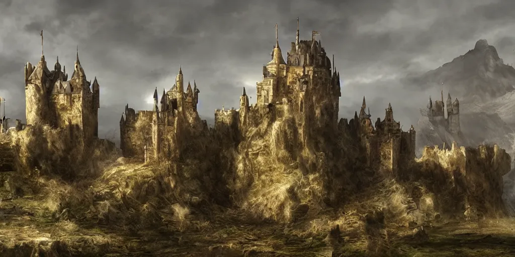 Prompt: matte painting, castle, dramatic landscape