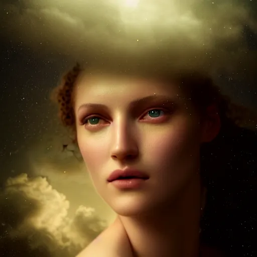 Image similar to photographic portrait of a stunningly beautiful renaissance female in soft dreamy moonlight clouds and stars, contemporary fashion shoot, by edward robert hughes, annie leibovitz and steve mccurry, david lazar, jimmy nelsson, breathtaking, 8 k resolution, extremely detailed, beautiful, establishing shot, artistic, hyperrealistic, beautiful face, octane render