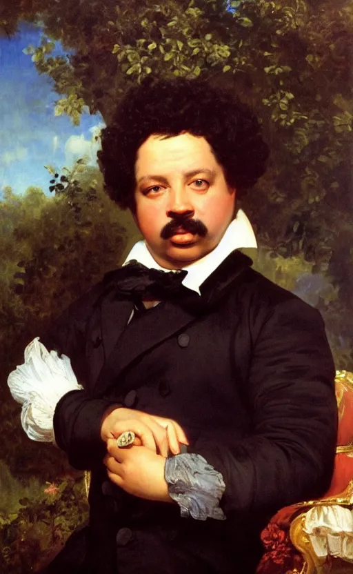 Image similar to Portrait of Alexandre Dumas, oil on canvas, highly detailed, high contrast, by Franz Xaver Winterhalter, 8k