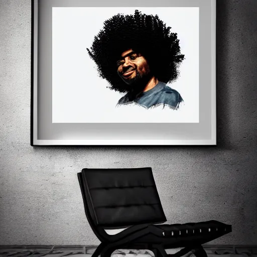 Image similar to painting of a tiny black man with long curly hair seated on a gigantic speaker, dramatic, album cover concept art, realistic, detailed, framed