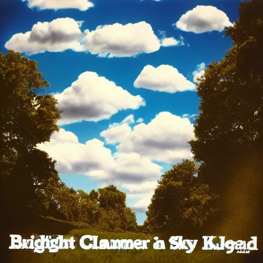 Prompt: camera pointed at the sky, bright blue sky, fluffy nice clouds, nostalgic album cover