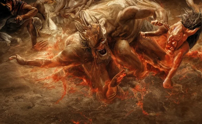 Image similar to hyperrealistic photo of Jesus Christ fighting red-skinned Satan devil demon Lucifer hellspawn in the face on the floor of the Roman Coliseum, 8k cinematic, epic fight scene, interpretation of Hell on Earth