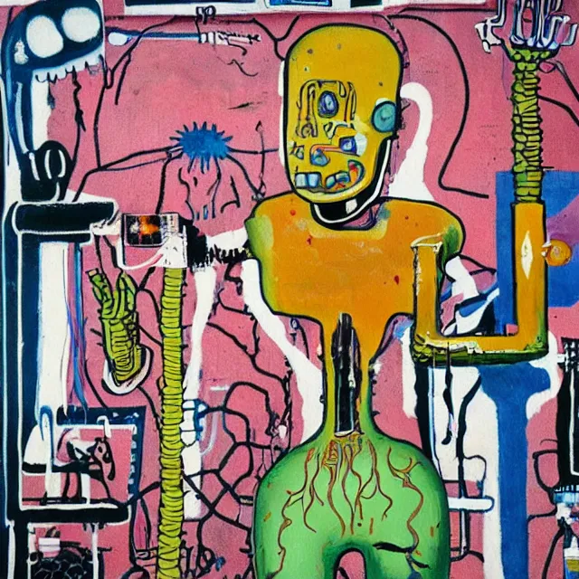 Prompt: female android, surgical equipment, giant octopus, dinosaur bones, raw pork, berry juice drips, pancakes, berries, scientific glassware, plant roots, art supplies, candles dripping wax, neo - impressionist surrealism, acrylic and spray paint and oilstick on canvas, by basquiat