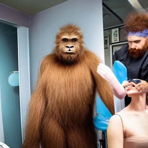 Prompt: Sasquatch getting a perm in a beauty salon, realistic, photo.